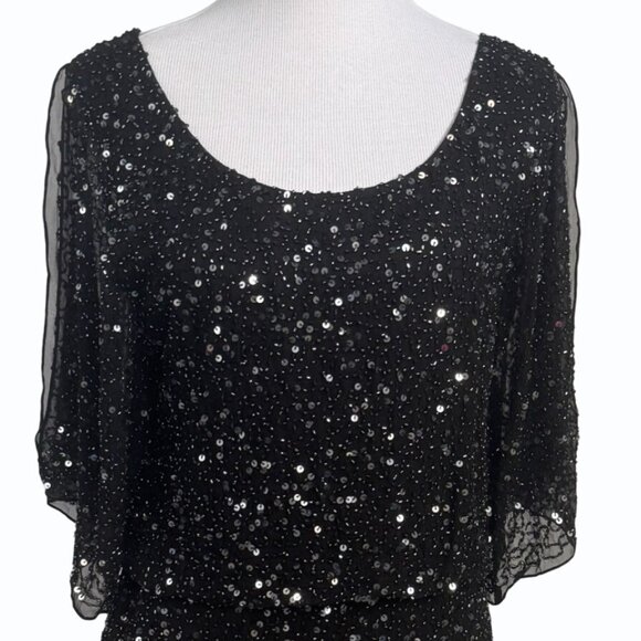 Pisarro Nights Black 100% Silk Sequin Dress Womens 8 Cold Shoulder Elegant LBD - Picture 2 of 15